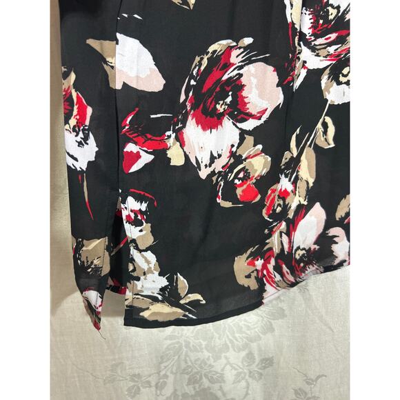 Catherines Top 3X Black Tan Red Abstract Floral Sheer Ruffle Flare Sleeve - Picture 2 of 9